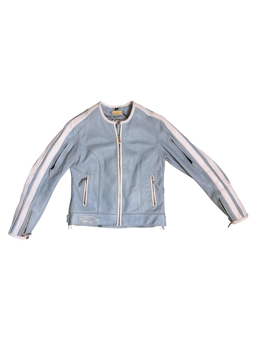 Power Trip Leather Cafe Motorcycle Jacket XS Blue Striped